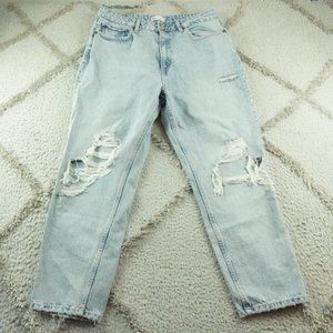 Zara Loose Fit Straight Leg Jeans Womens 12 Distressed Blue Denim High Rise
